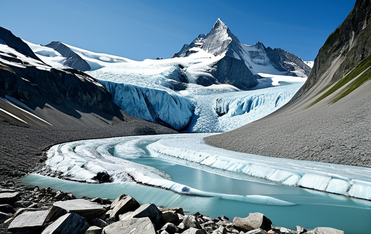 Melting Glacier**

"A breathtaking view of a rapidly melting Swiss glacier, showing the dramatic ice recession against a backdrop of rocky mountains. The scene illustrates the impact of global warming. Include meltwater streams and exposed moraine. Safe for work, appropriate content, fully clothed, professional documentation, perfect anatomy, natural proportions, family-friendly environmental awareness."

**