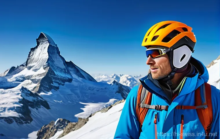마터호른 등산 정보 - **Prompt:** A close-up, dynamic shot of a male mountaineer, an adult, meticulously checking his cram...