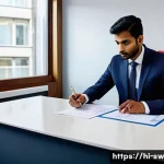 스위스 비자 신청 및 입국 절차 - A professional scene depicting a Hindi-speaking Indian business traveler applying for a Swiss busine...