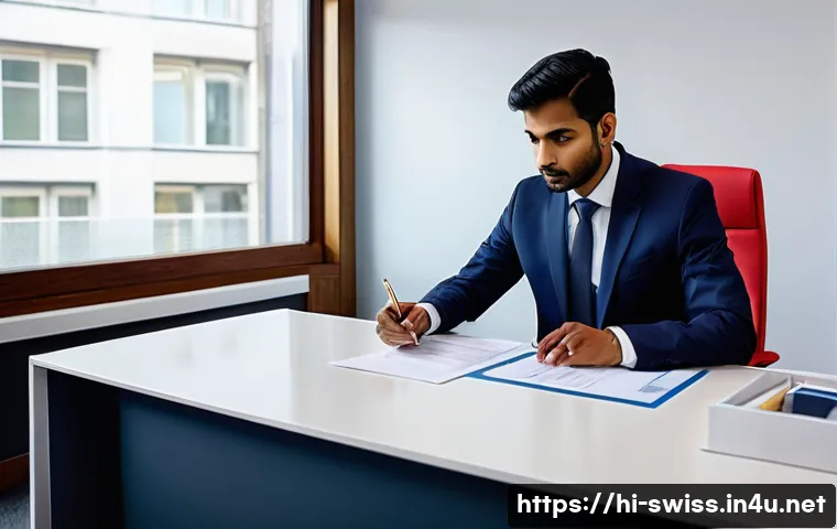 스위스 비자 신청 및 입국 절차 - A professional scene depicting a Hindi-speaking Indian business traveler applying for a Swiss busine...