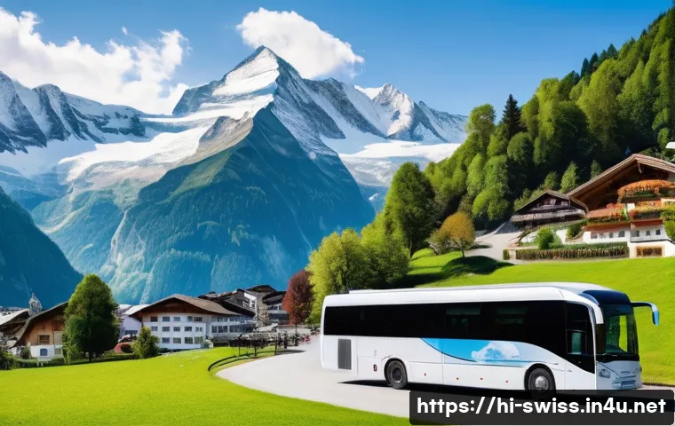 스위스 패키지 여행 vs 자유 여행 비교 - A detailed scene of a comfortable group package tour in Switzerland, featuring a diverse group of ad...