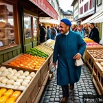 스위스에서 현지인처럼 여행하는 법 - A vibrant Swiss local market scene in Zurich with colorful stalls selling fresh cheese wheels, homem...
