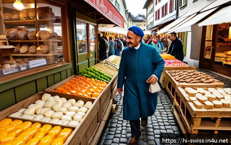 스위스에서 현지인처럼 여행하는 법 - A vibrant Swiss local market scene in Zurich with colorful stalls selling fresh cheese wheels, homem...