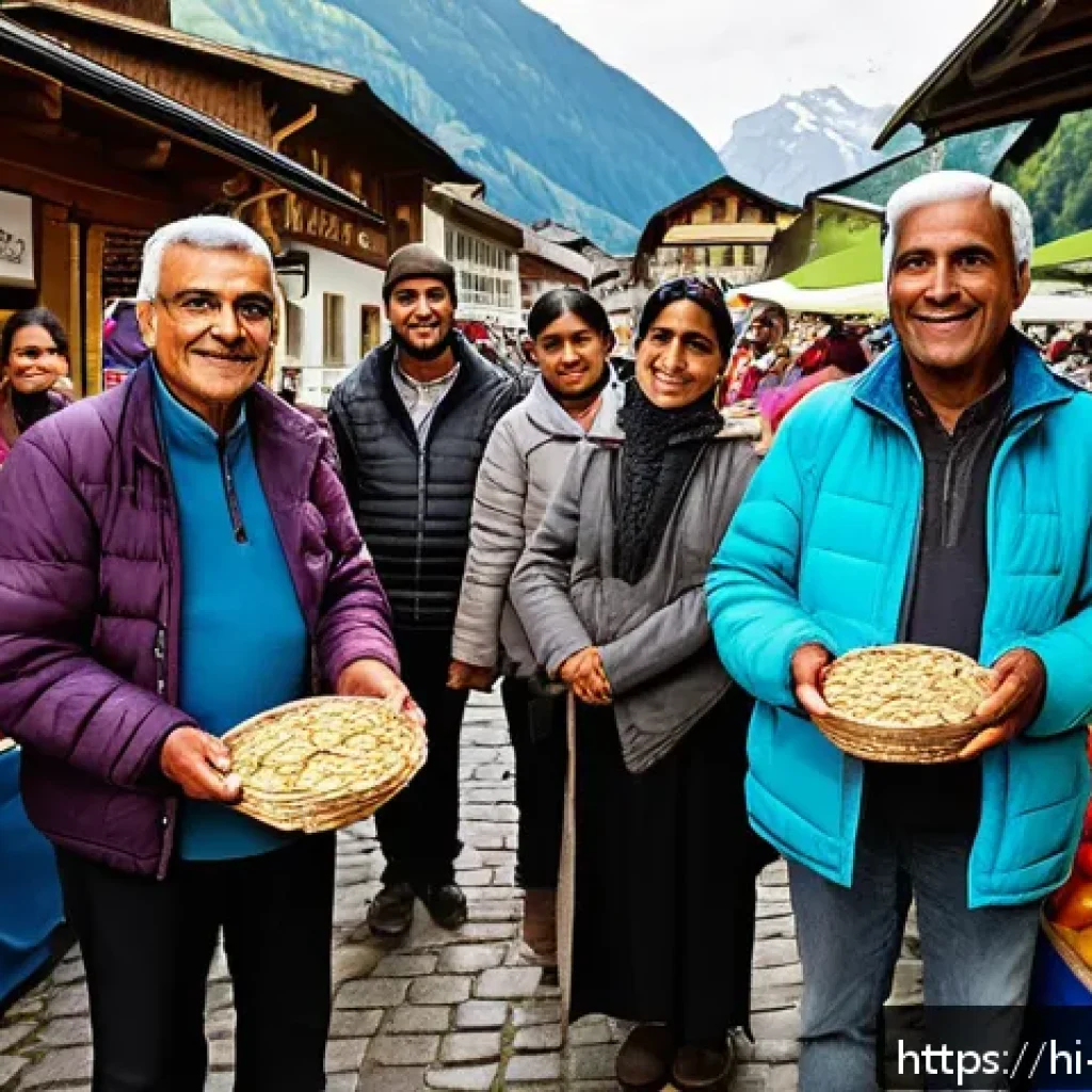 스위스에서 유로 vs 스위스 프랑 사용 - A bustling local Swiss market scene in a small rural town, featuring a diverse group of Indian touri...