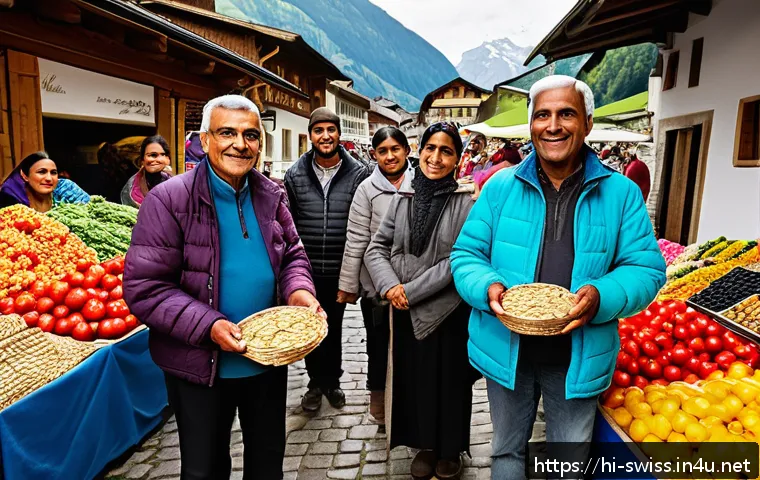 스위스에서 유로 vs 스위스 프랑 사용 - A bustling local Swiss market scene in a small rural town, featuring a diverse group of Indian touri...