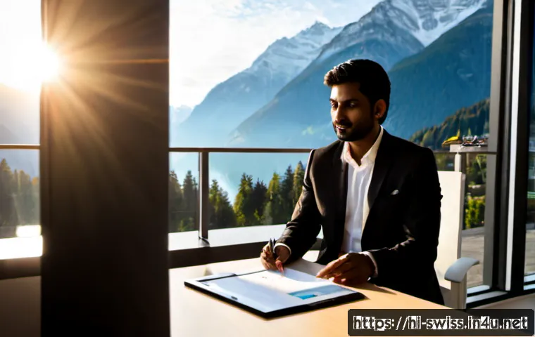 스위스에서 사업 시작하는 법 - Photorealistic Indian entrepreneur in smart business attire meeting a Swiss business consultant acro...