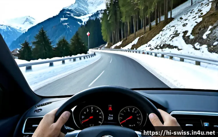 스위스 운전 시 주의할 점 - Photorealistic view from inside a modern car approaching a snowy Swiss alpine mountain pass, driver’...
